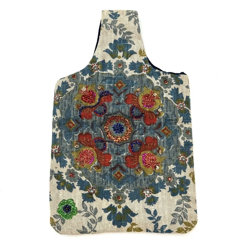 Bohemian Blue Beige Floral Beaded Sequin Embellished Canvas Knot Handbag